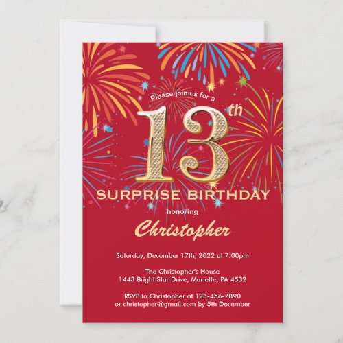 Surprise 13th Birthday Red  Gold Rainbow Firework Invitation