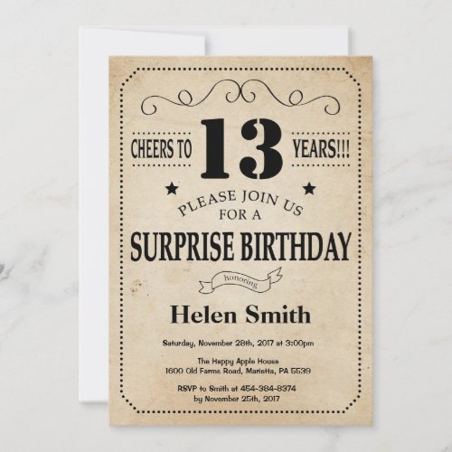 Surprise 13th Birthday Rustic Vintage Retro Invitation