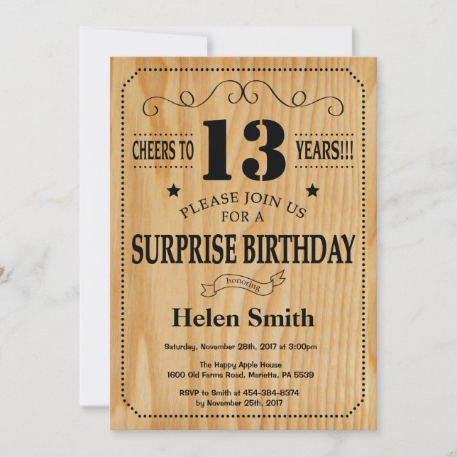 Surprise 13th Birthday Rustic Wood Invitation (Front)