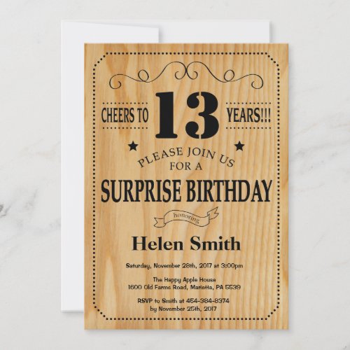 Surprise 13th Birthday Rustic Wood Invitation