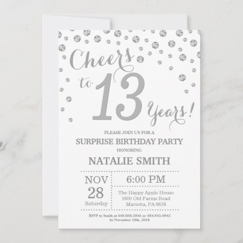 Surprise 13th Birthday Silver Glitter Diamond Invitation