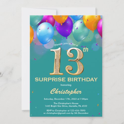 Surprise 13th Birthday Teal and Gold Balloons Invitation