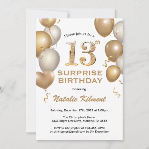 Surprise 13th Birthday White and Gold Balloons Invitation