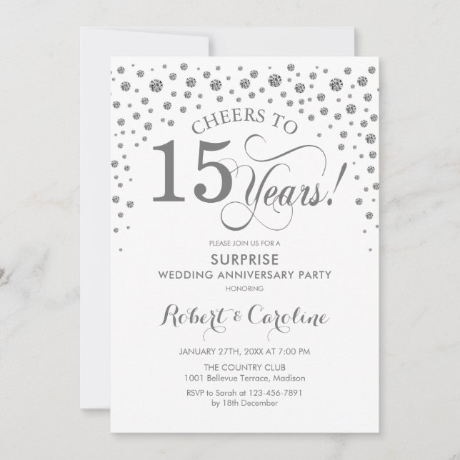 Surprise 15th Anniversary Party - Silver White Invitation (Front)