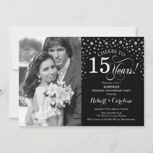 Surprise 15th Anniversary with Photo Black Silver Invitation