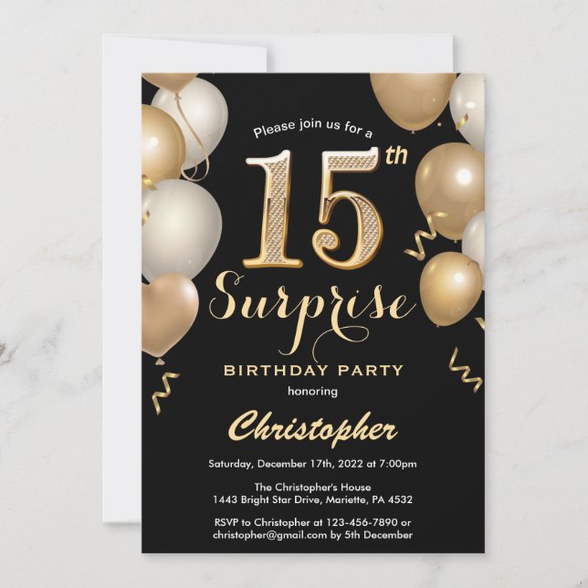 Surprise 15th Birthday Black and Gold Balloons Invitation (Front)