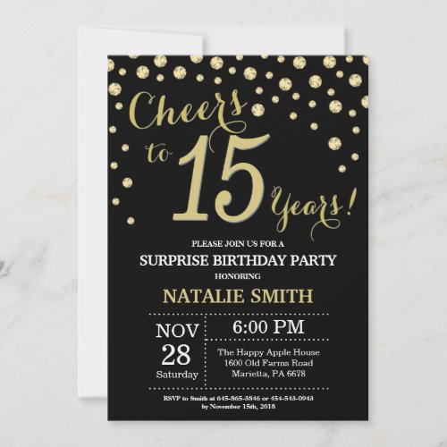 Surprise 15th Birthday Black and Gold Diamond Invitation