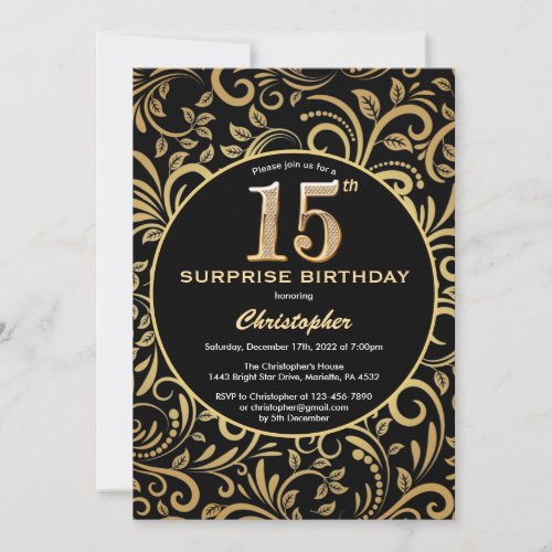 Surprise 15th Birthday Black and Gold Floral Invitation