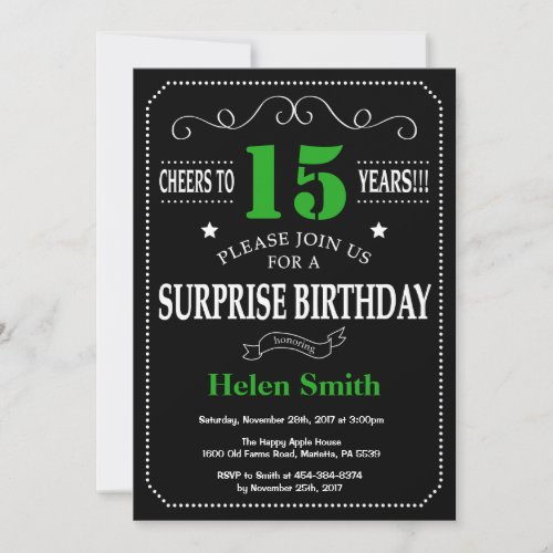 Surprise 15th Birthday Black and Green Chalkboard Invitation