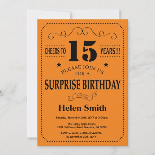 Surprise 15th Birthday Black and Orange Invitation