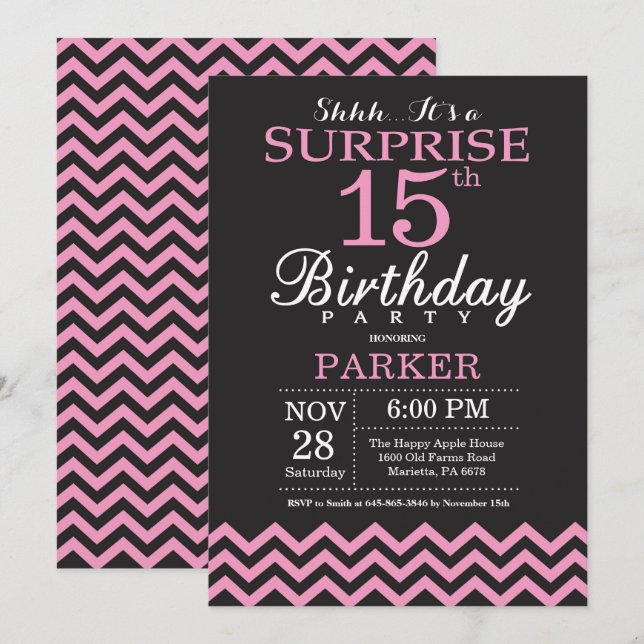 Surprise 15th Birthday Black and Pink Chevron Invitation (Front/Back)