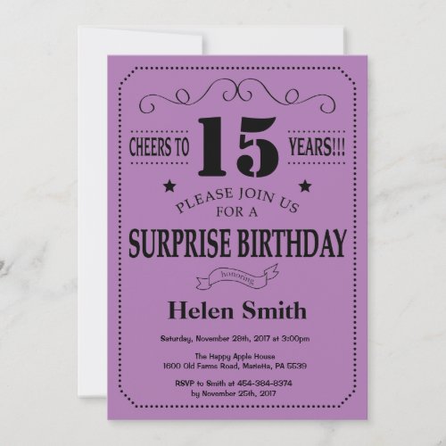 Surprise 15th Birthday Black and Purple Invitation