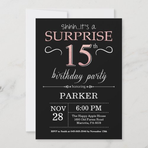 Surprise 15th Birthday Black and Rose Pink Gold Invitation
