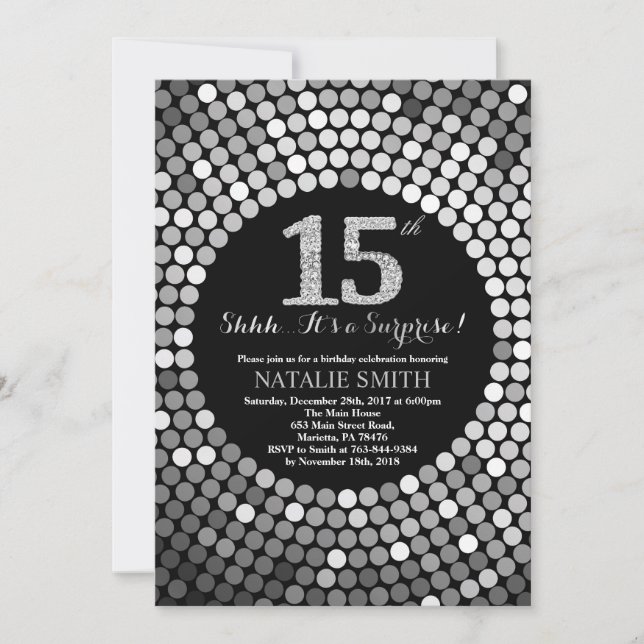 Surprise 15th Birthday Black and Silver Glitter Invitation (Front)