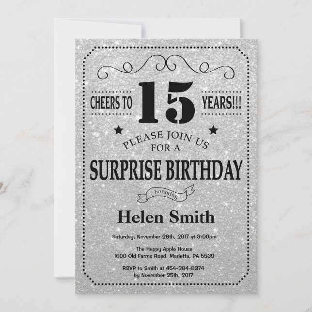 Surprise 15th Birthday Black and Silver Glitter Invitation (Front)