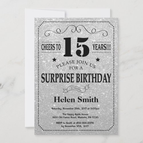 Surprise 15th Birthday Black and Silver Glitter Invitation