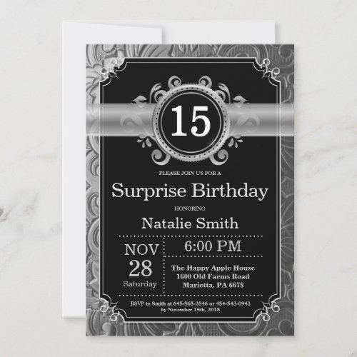 Surprise 15th Birthday Black and Silver Glitter Invitation