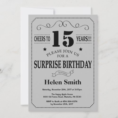 Surprise 15th Birthday Black and Silver Gray Invitation