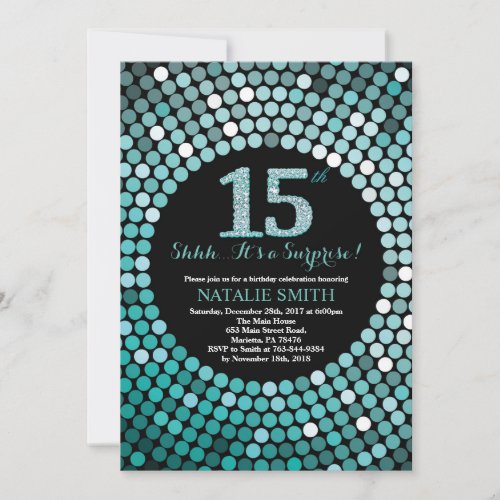Surprise 15th Birthday Black and Teal Glitter Invitation