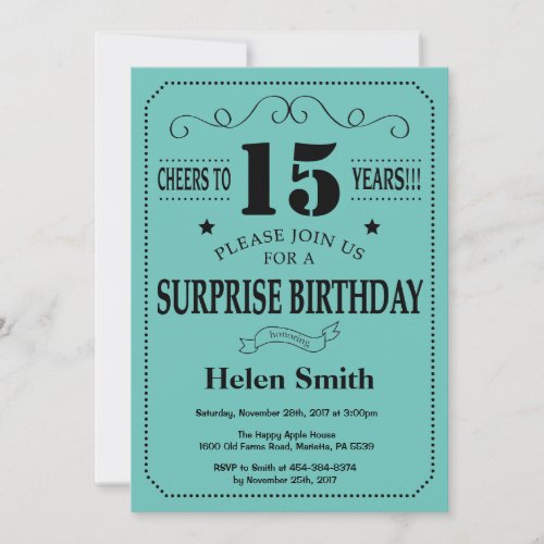 Surprise 15th Birthday Black and Teal Invitation