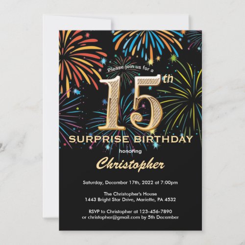 Surprise 15th Birthday Black Gold Rainbow Firework Invitation