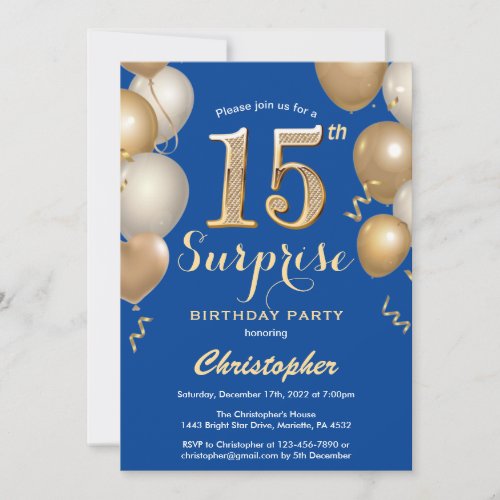 Surprise 15th Birthday Blue and Gold Balloons Invitation