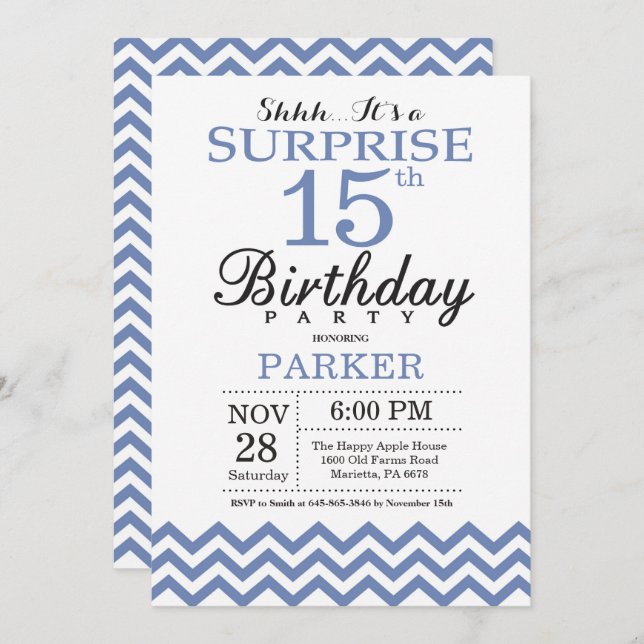 Surprise 15th Birthday Blue Chevron Invitation (Front/Back)