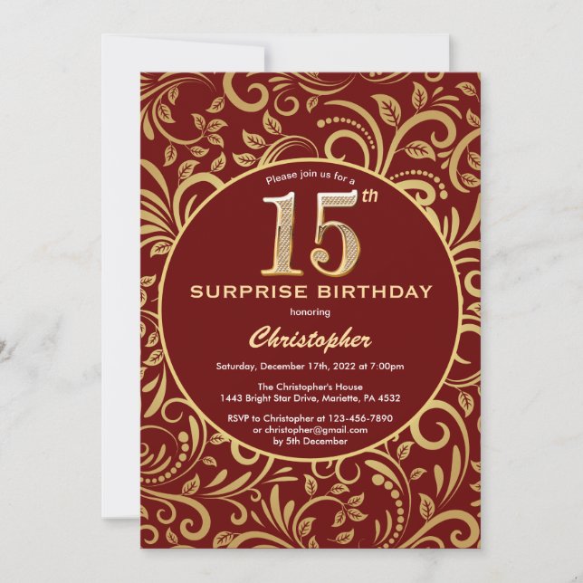 Surprise 15th Birthday Burgundy Red & Gold Floral Invitation (Front)