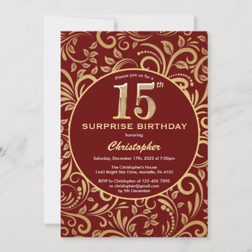 Surprise 15th Birthday Burgundy Red  Gold Floral Invitation