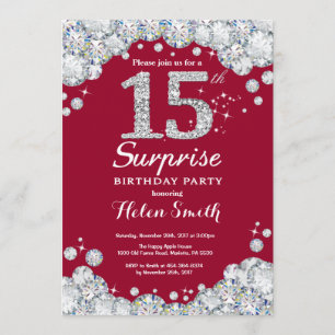 Surprise 15th Birthday Burgundy Red Silver Diamond Invitation