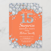 Surprise 15th Birthday Coral and Silver Diamond Invitation (Front/Back)