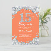 Surprise 15th Birthday Coral and Silver Diamond Invitation (Standing Front)