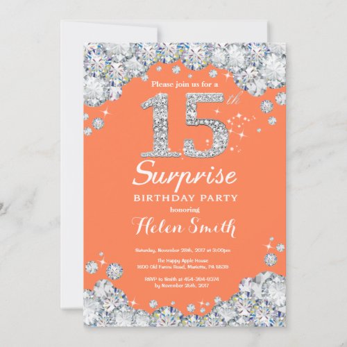Surprise 15th Birthday Coral and Silver Diamond Invitation