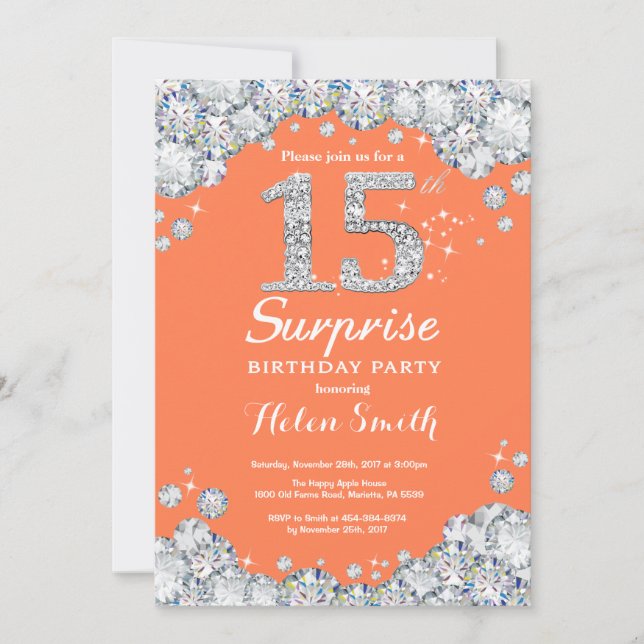 Surprise 15th Birthday Coral and Silver Diamond Invitation (Front)