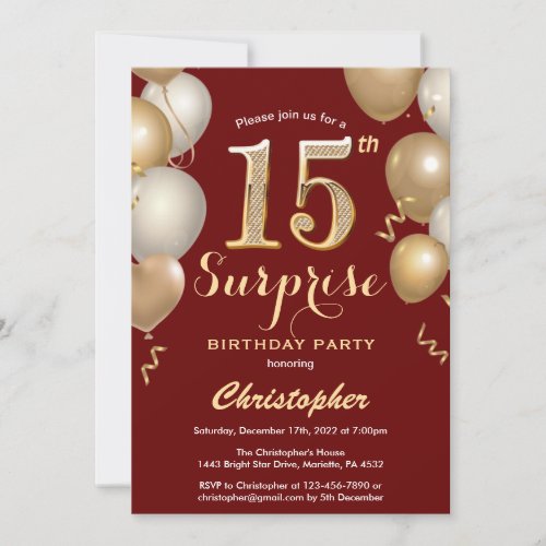 Surprise 15th Birthday Dark Red and Gold Balloons Invitation