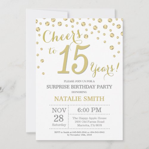 Surprise 15th Birthday Gold Glitter Diamond Invitation