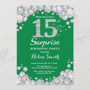 Surprise 15th Birthday Green and Silver Diamond Invitation