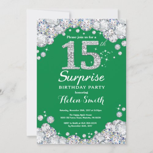 Surprise 15th Birthday Green and Silver Diamond Invitation