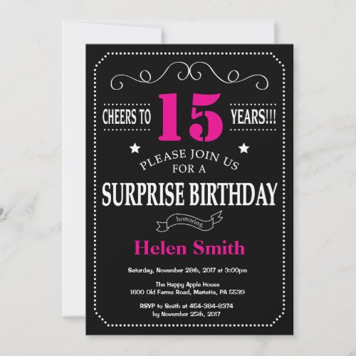 Surprise 15th Birthday Hot Pink and Black Invitation