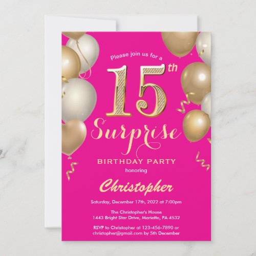 Surprise 15th Birthday Hot Pink and Gold Balloons Invitation