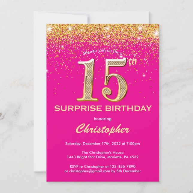Surprise 15th Birthday Hot Pink and Gold Glitter Invitation (Front)