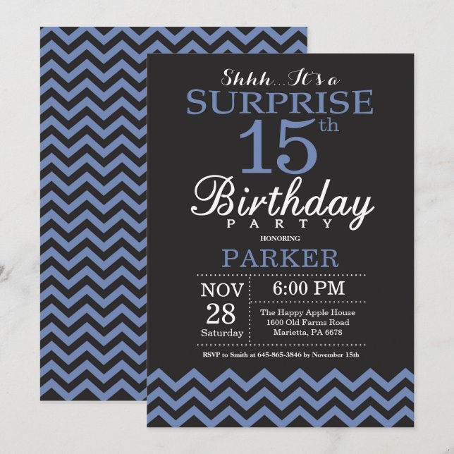 Surprise 15th Birthday Invitation Black and Blue (Front/Back)