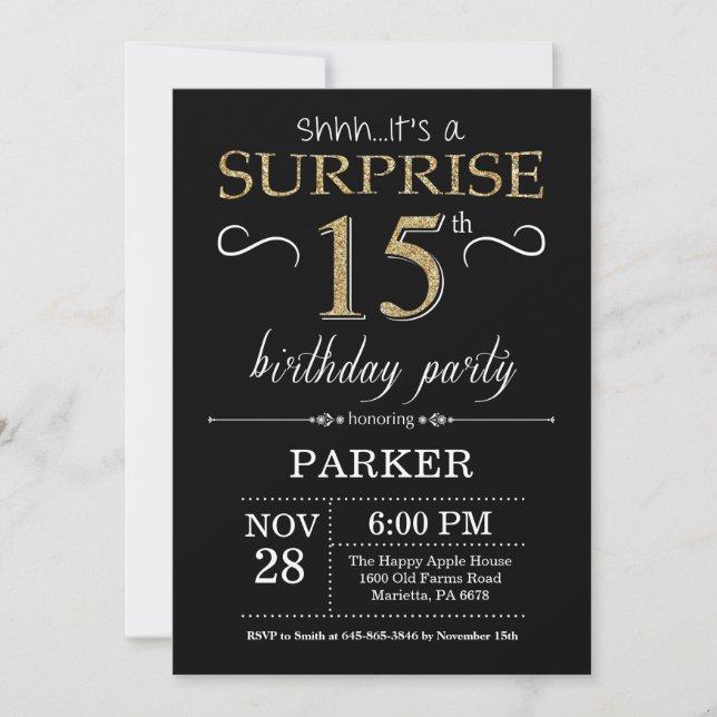 Surprise 15th Birthday Invitation Black and Gold (Front)