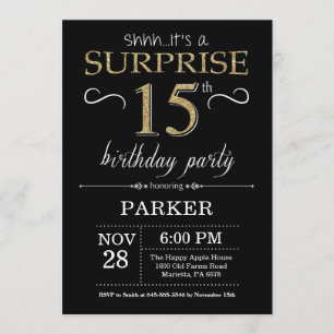 Surprise 15th Birthday Invitation Black and Gold