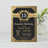 Surprise 15th Birthday Invitation Black and Gold (Standing Front)
