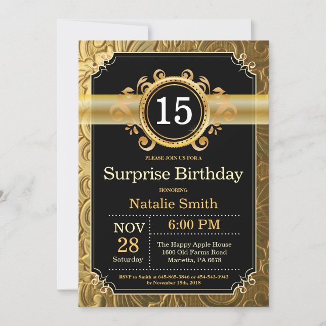 Surprise 15th Birthday Invitation Black and Gold (Front)