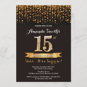 Surprise 15th Birthday Invitation Black and Gold