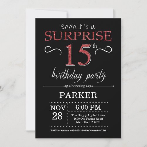 Surprise 15th Birthday Invitation Black and Red