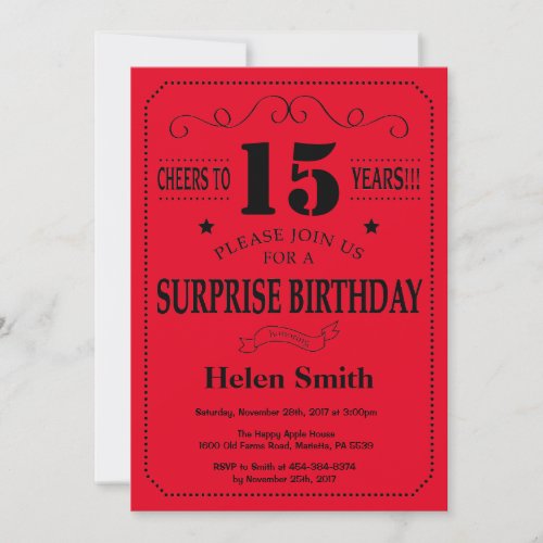 Surprise 15th Birthday Invitation Black and Red