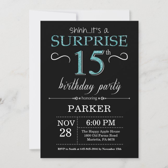Surprise 15th Birthday Invitation Black and Teal (Front)